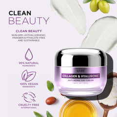 Azure Cosmetics collagen-hyaluronic face cream ingredients close-up.