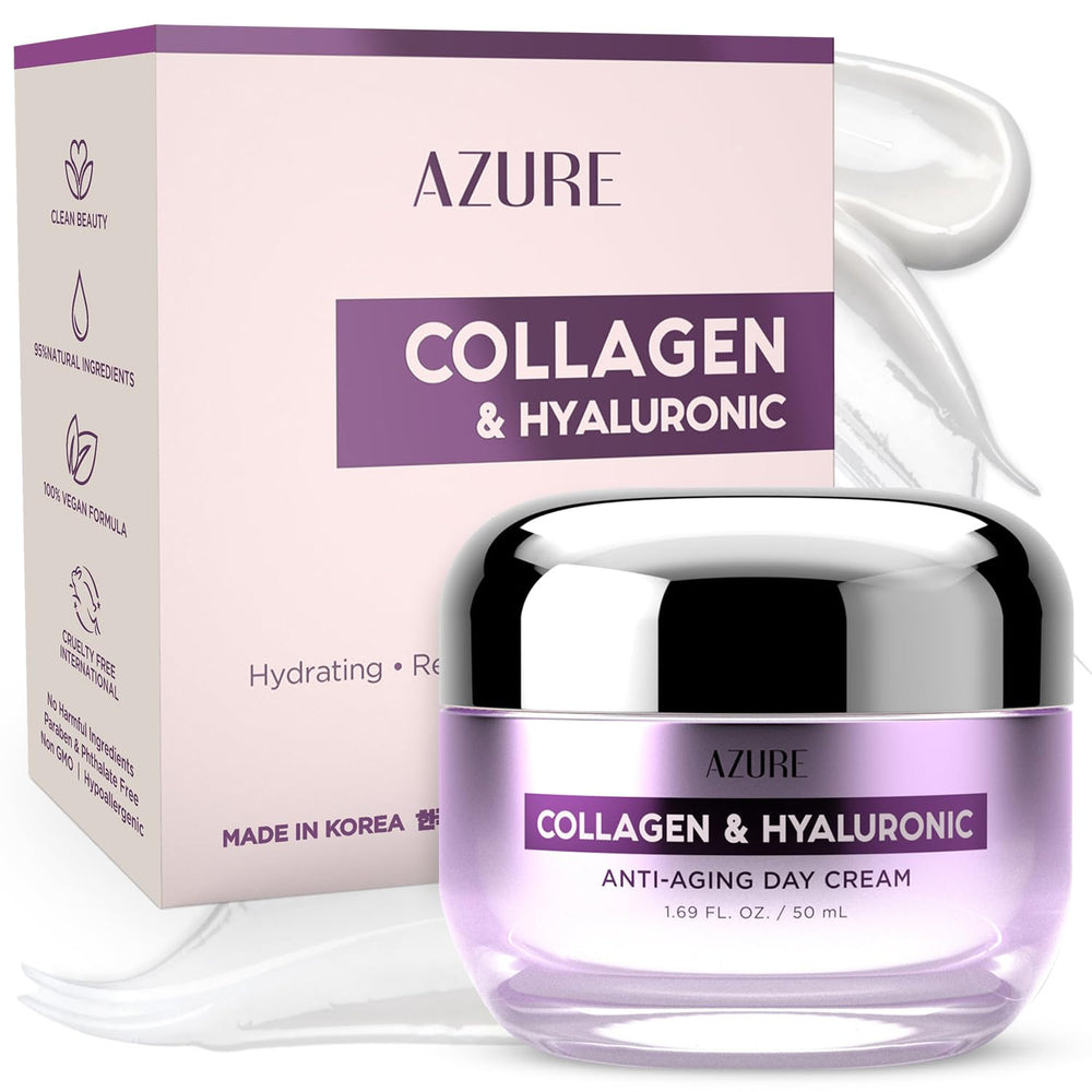 Azure Cosmetics collagen-hyaluronic face cream jar close-up for hydrated skin.