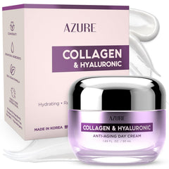 Azure Cosmetics collagen-hyaluronic face cream jar close-up for hydrated skin.