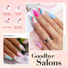 AzureBeauty base, activator, and topcoat provide a complete dip liquid set for smooth application.