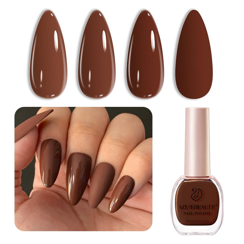 AZUREBEAUTY brown nail polish bottle shows fast-dry action for quick manicures.