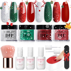 AZUREBEAUTY Christmas dip powder kit with green, red glitter and silver swatches for festive nails.