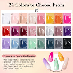 AZUREBEAUTY 24 color dip powders swatches with nude, pink, glitter, and red tones.