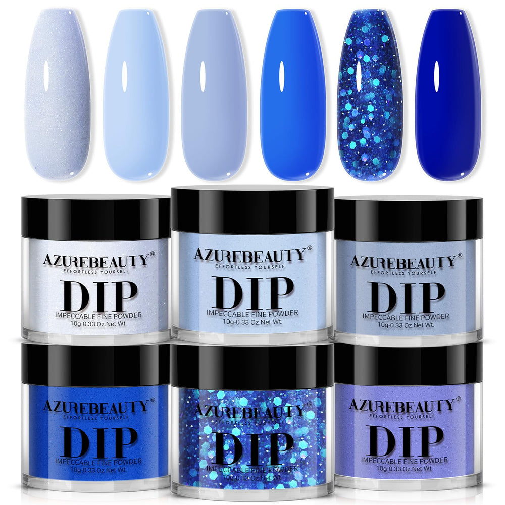 AzureBeauty Dip Powder bottle shows sky blue glitter for a premium salon look.