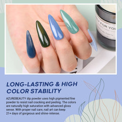 AZUREBEAUTY dip powder swatch lineup showing six rich tones for versatile styles