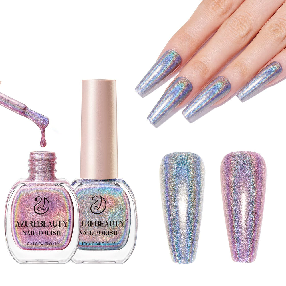 AzureBeauty holographic nail polish bottles with pink and silver shimmer for dazzling nails.