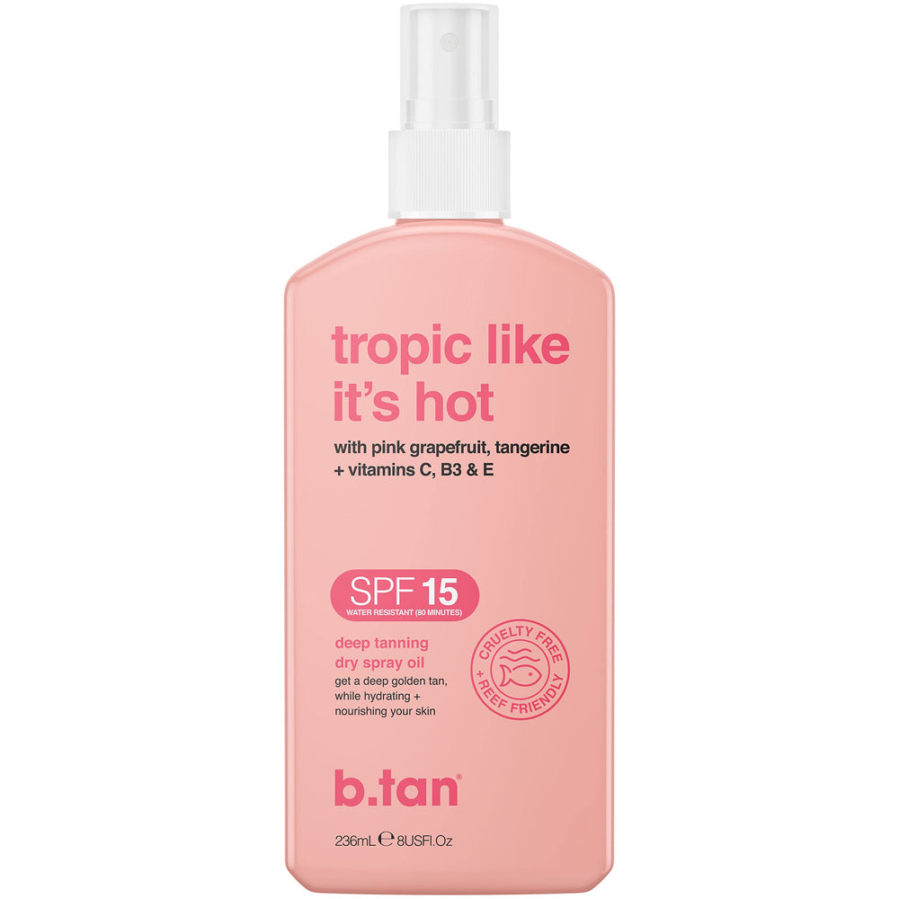 B.TAN Tropic Like It’s Hot deep tanning oil spray bottle for easy glow.