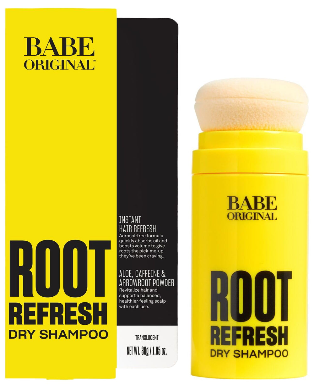 BABE ORIGINAL Root Refresh dry shampoo packaging shown with brand promise and quick refresh capability