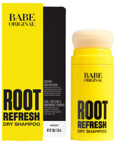 BABE ORIGINAL Root Refresh dry shampoo packaging shown with brand promise and quick refresh capability