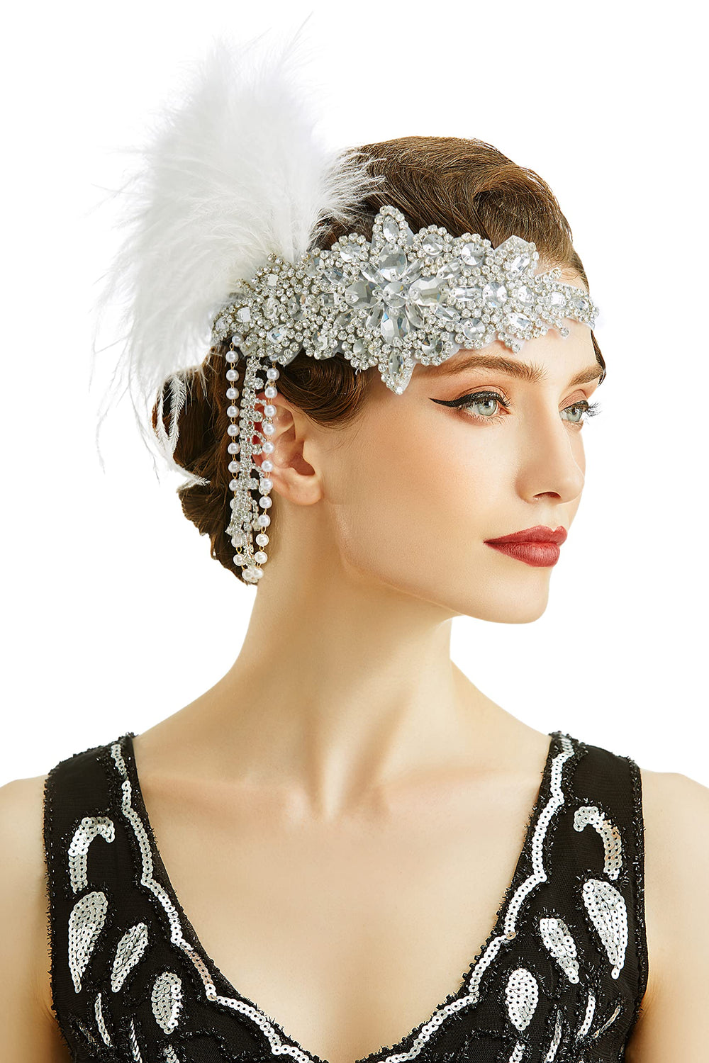 BABEYOND 1920s headband with feather and crystal accents for Gatsby-inspired party style