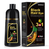 Bablabear black hair dye shampoo bottle for gray coverage with easy 15–20 minute use.