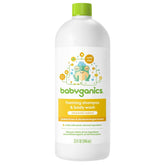 BabyGanics Shampoo and Body Wash Refill Chamomile Verbena bottle pour supports quick bath-time routine.