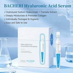 Close up of BACHERI ampoules highlighting fast absorption for hydrated skin
