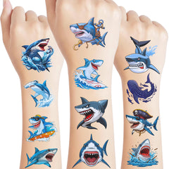 Backtopeia shark tattoos pack front view for ocean party favors.
