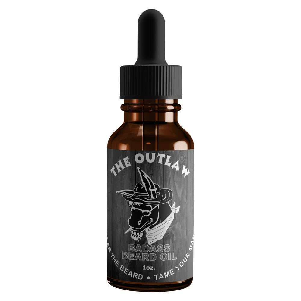 Badass Beard Care Outlaw bottle showing premium oil for a smoother beard.