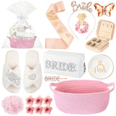 Baderke 17-Pcs Bride to Be Gift Basket with slippers and accessories for bridal showers.