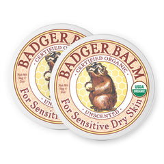 Badger Balm unscented 2oz tin shown, ideal for soothing dry hands and lips.