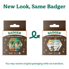 Badger Cocoa Butter Lip Balm Set cocoa flavor tube resting on skin adds nourishing appeal
