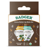 Badger Cocoa Butter Lip Balm Set packaging highlights premium organic lip care for daily hydration