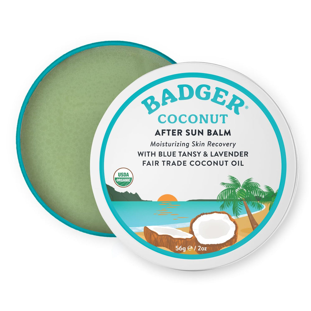 Badger Coconut AfterSun Balm tin close-up for travel hydration