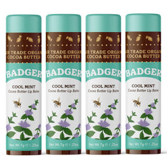 Badger Cool Mint Cocoa Butter Lip Balm stick provides smooth, long-lasting moisture.