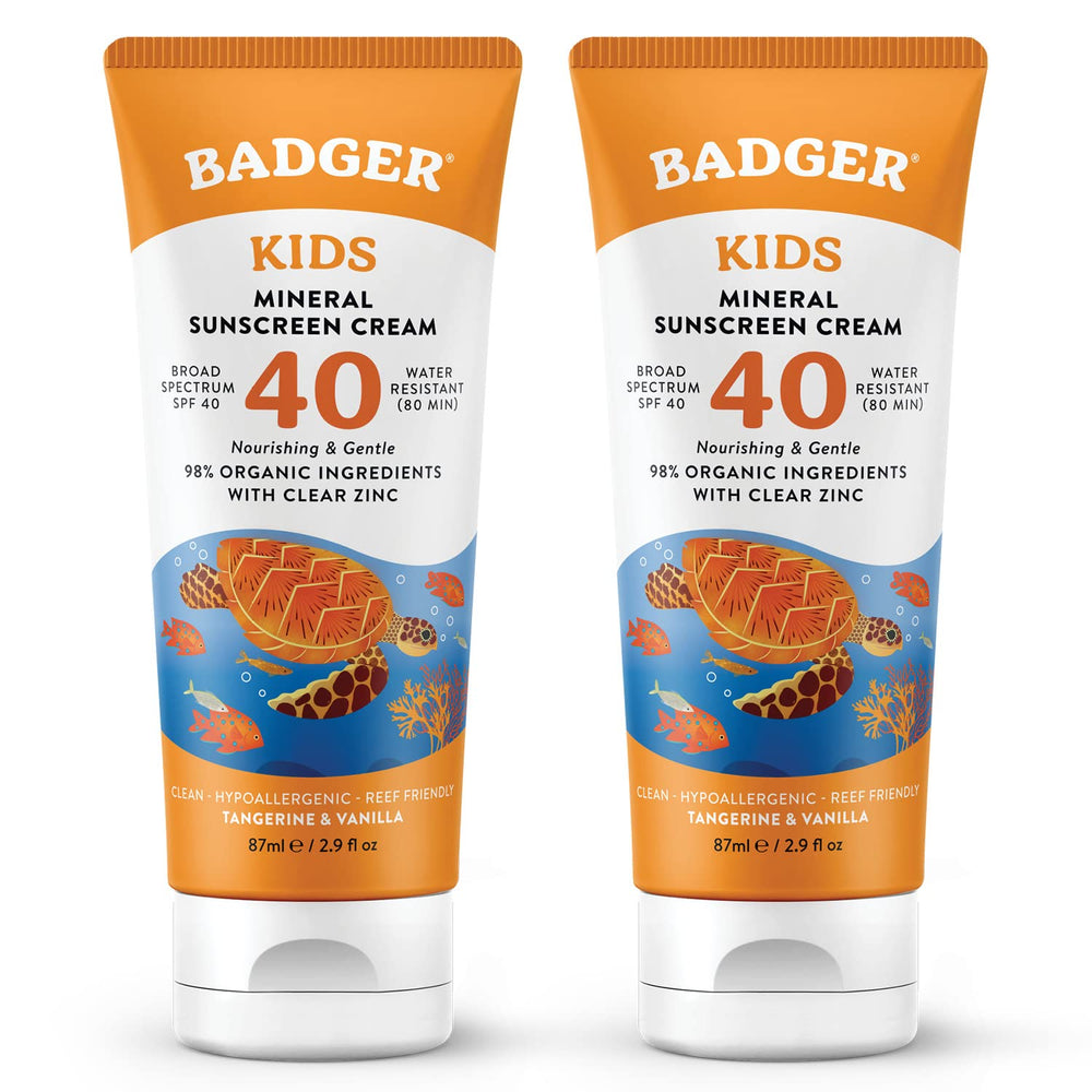 Badger Kids Mineral Sunscreen Cream SPF 40 bottle close-up for face and body protection