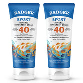 Badger Reef Safe Sport sunscreen bottle closeup showing SPF 40 for all-day beach days.
