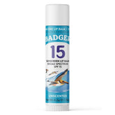 Badger Sunscreen Lip Balm SPF 15 with zinc oxide protects lips from sun.
