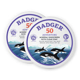Badger reef-safe SPF 50 mineral sunscreen tin, travel two-pack for beach days.