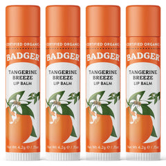Badger Tangerine Breeze lip balm packaging shown, providing long-lasting moisture for dry lips.