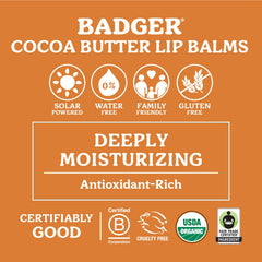 Badger lip balm with cocoa butter and beeswax nourishes lips gently