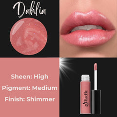 Baeblu Dahlia lip gloss texture close-up reveals a smooth, shiny finish.