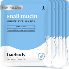 Baebody Advanced Snail Mucin Under Eye Patches packaging for travel-friendly freshness.