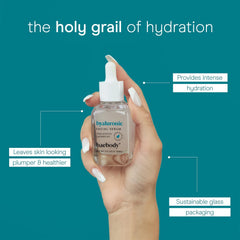 Baebody Hyaluronic Serum packaging highlights jojoba oil and vitamin E.