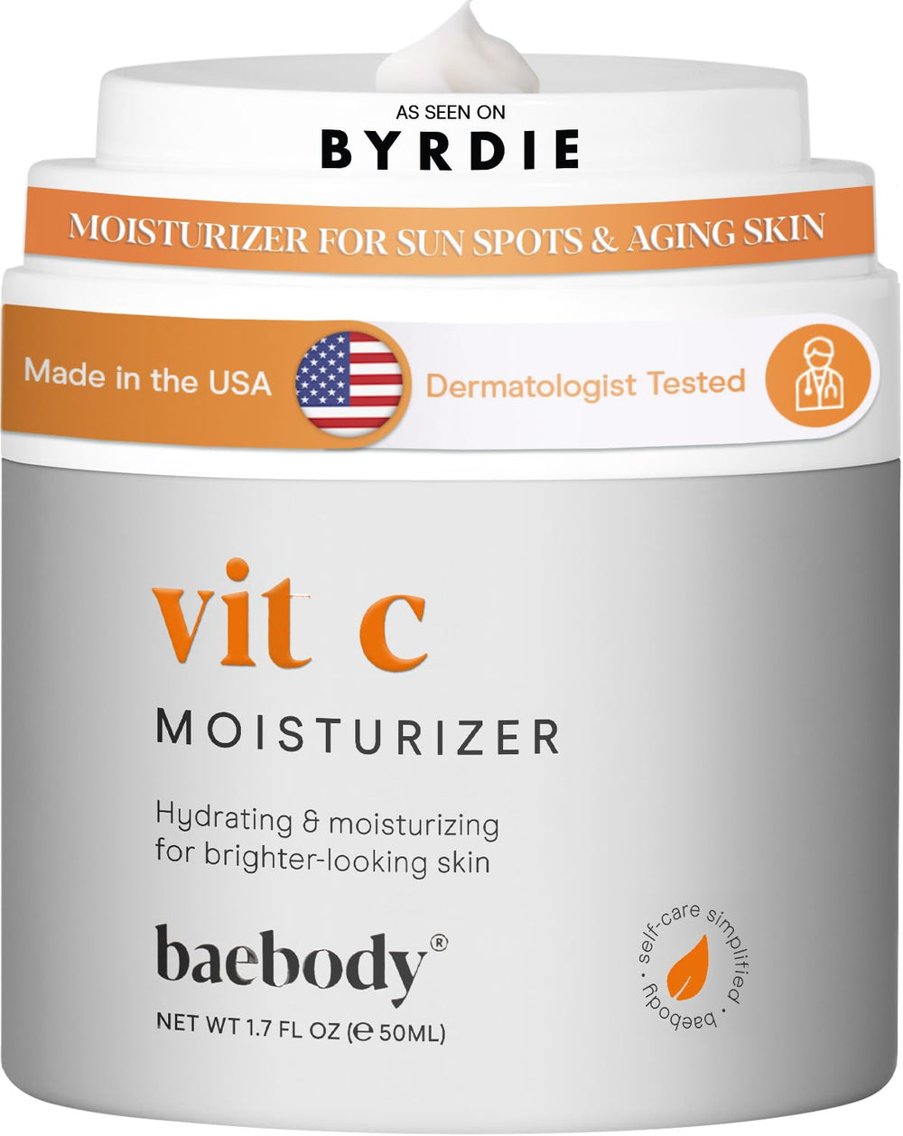 Baebody Vitamin C face cream outer packaging showing premium USA-made formula for brightening skincare