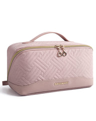 BAGSMART makeup bag open flat in pink for quick cosmetics access