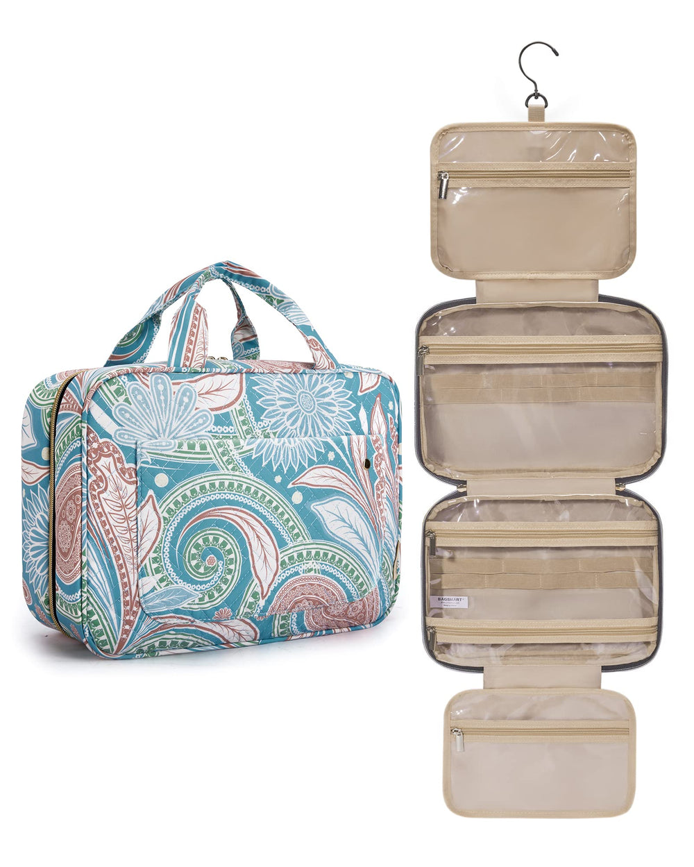 BAGSMART toiletry bag in green paisley, front view showing organized compartments