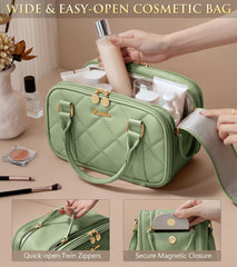 Bagstellar quilted toiletry bag interior organized with compartments.