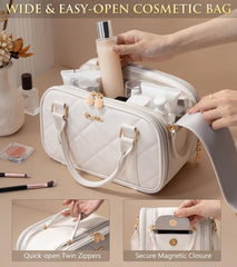 Bagstellar travel bag shows 3 compartments for neat cosmetics and toiletries