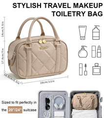 Bagstellar quilted interior layout highlights organized compartments for cosmetics and toiletries.