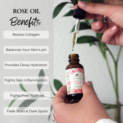 Baja Basics Rose Oil on face and neck promoting a supple texture