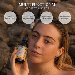 Baja Basics Vitamin E Oil applied to face and body for softer, glowing skin.