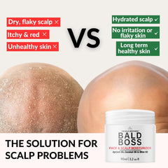 The Bald Boss moisturizer close-up highlights matte finish for head and face.