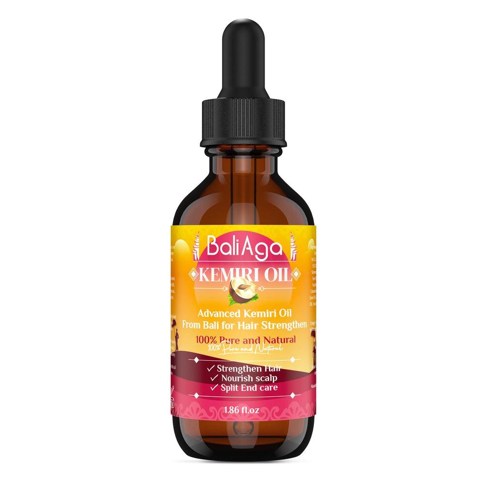 Bali Aga Kemiri Oil bottle closeup for nourishing hair and split end care.