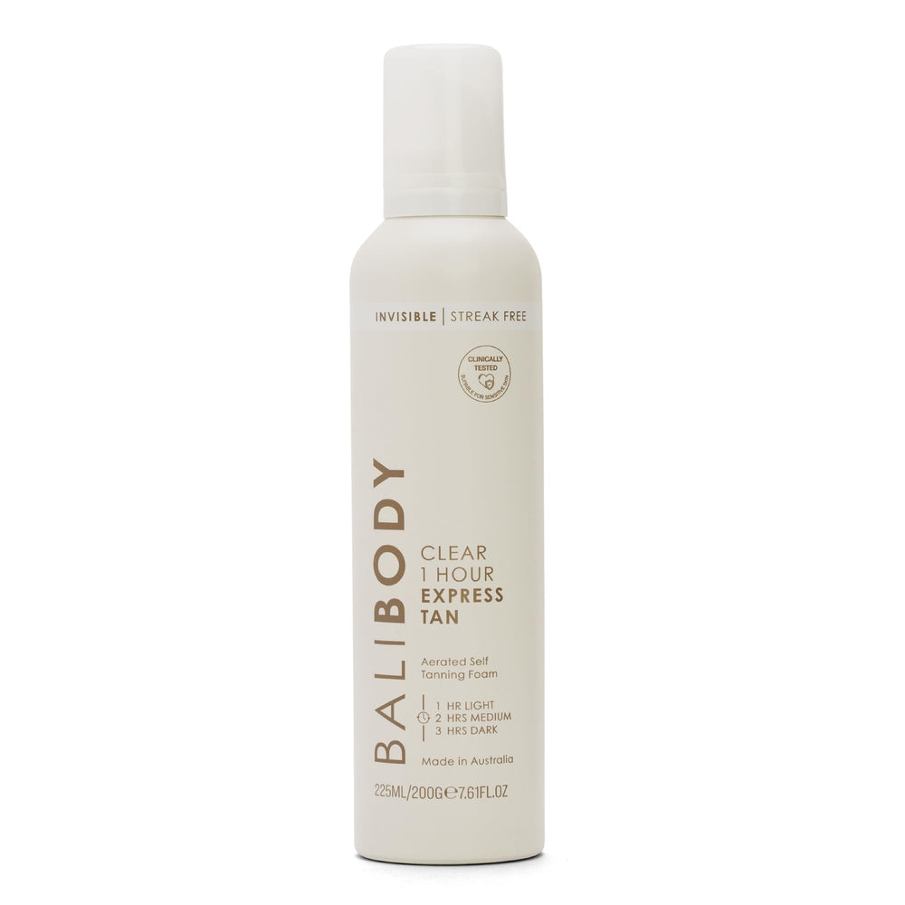 BALI BODY Clear 1 Hour Express Tan foam bottle delivering a natural bronze with minimal transfer.