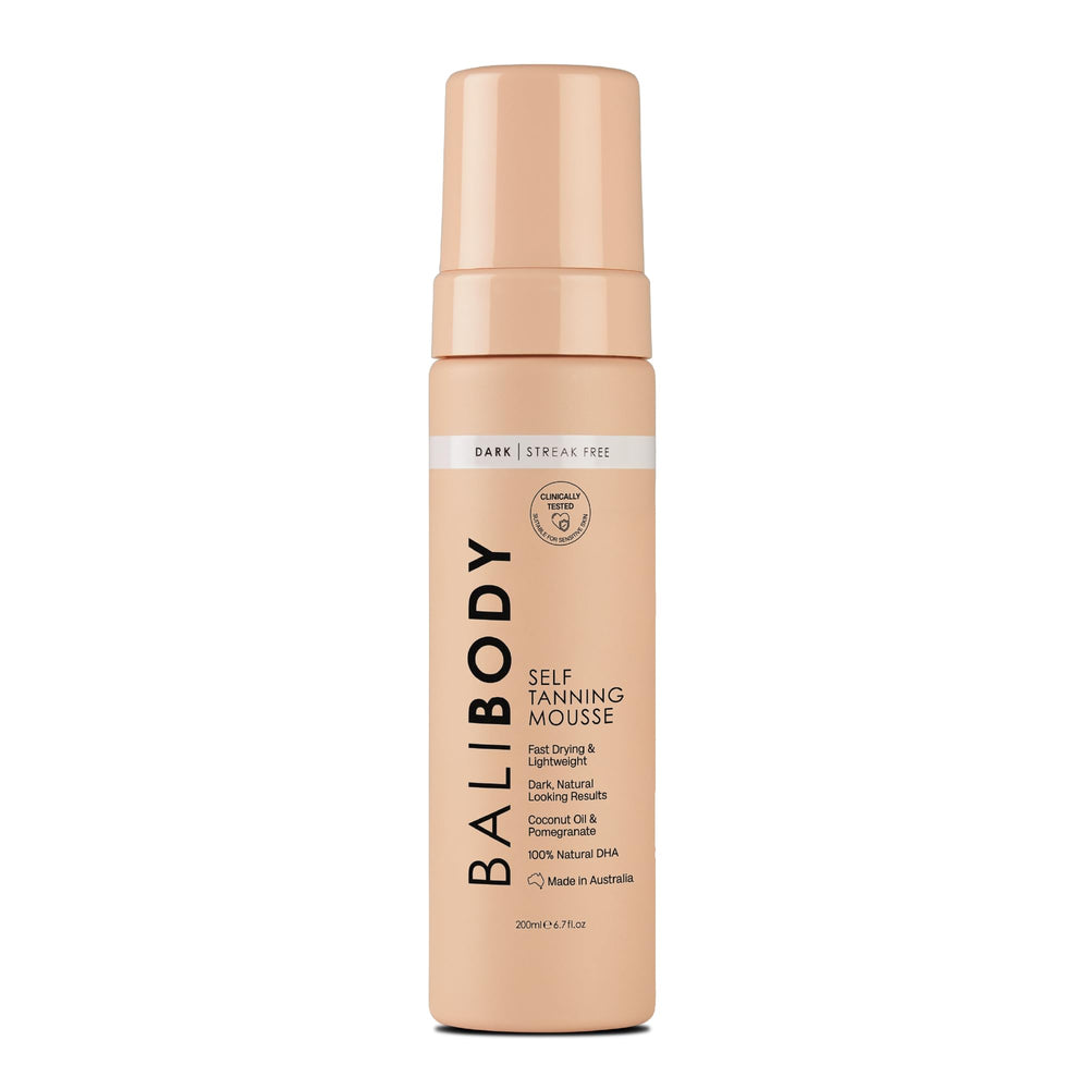 Bali Body Self Tanner Mousse Dark packaging closeup, highlighting vegan, cruelty-free self-tanner use