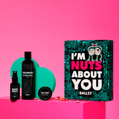 Ballsy Ballwash bottle displayed, delivers a clean, balanced scent daily.