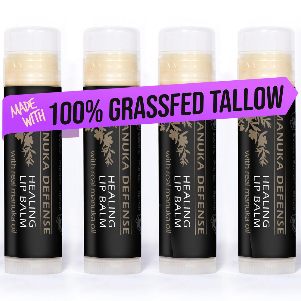 BALM OF GILEAD Manuka Defense lip balm packaging shows a travel-friendly four-pack