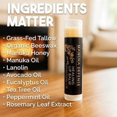 BALM OF GILEAD Manuka Defense lip balm features Tea Tree oil for a refreshing aroma