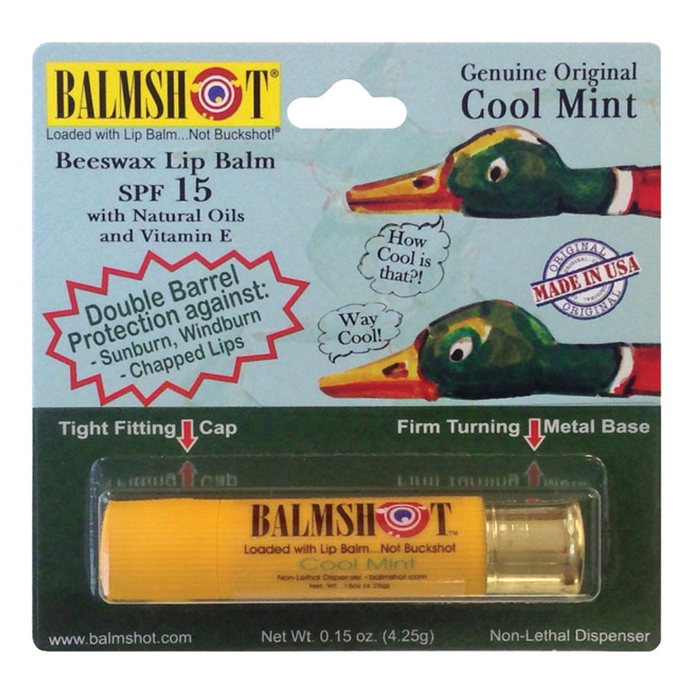 Balmshot Cool Mint lip balm in shotgun-shell packaging with SPF 15